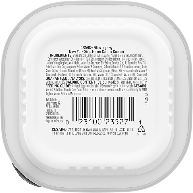 Cesar Adult Soft Wet Dog Food Filets in Gravy, New York Strip Flavor, 3.5 oz. Tray (Pack of 4)