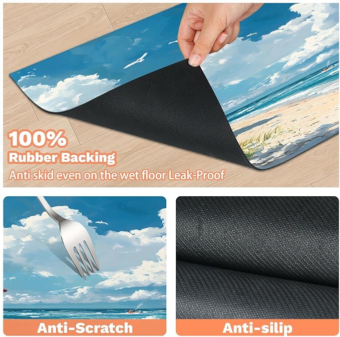 Beach Scene Dog Food Mat for Floors Absorbent, Quick Dry Water Dispenser Mat for Food, Water, Pet Supplies 24" x 32", Summer Seaside
