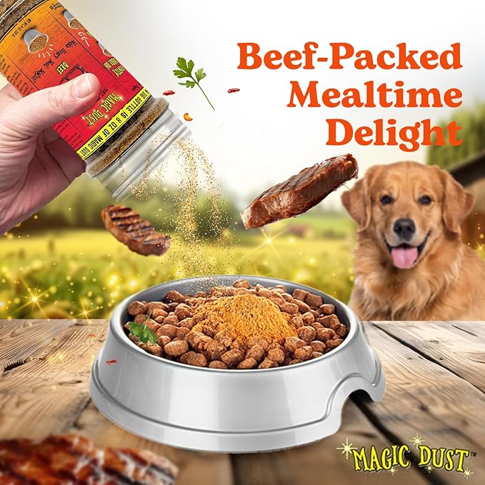 Wild Meadow Farms - Magic Dust Beef Jerky Topper, Single Protein Pet Food Topper for Dogs & Cats, Enhance Flavor & Elevate Mealtime Excitement for Picky Eaters - 8 Ounce Bottle in Beef Flavor