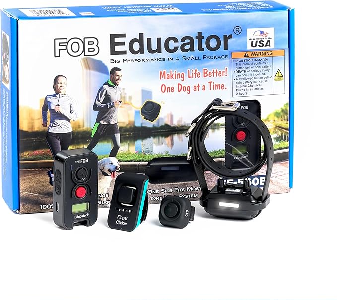 Educator FOB 300 Yard Dog Training Collar with Remote and Finger Button, Humane Stimulation, Pavlovian Tone, Waterproof, Odorproof Biothane Collar, Night Light, Rechargeable, 1 Dog (USA Only), Black
