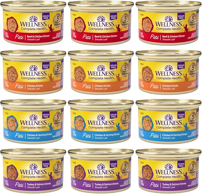 Wellness Natural Premium Canned Cat Wet Food Pate - 12 Pack Cans Bowl Variety Pack 4 Flavor - (Chicken,Beef, Salmon & Turkey) (3 Ounce Cans)
