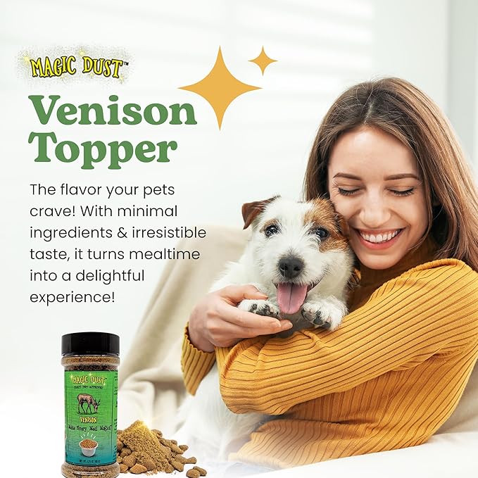 Wild Meadow Farms - Magic Dust Venison Jerky Topper, Single Protein Pet Food Topper for Dogs & Cats, Enhance Flavor & Elevate Mealtime Excitement for Picky Eaters - 3.5 Ounce Bottle in Venison Flavor