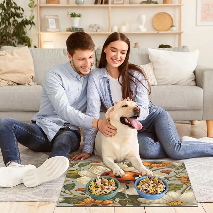 Ladybird Dog Food Mat for Floors Absorbent, Quick Dry Water Dispenser Mat for Food, Water, Pet Supplies 17" x 30", Daisy Flower