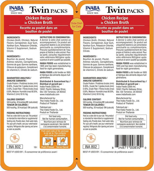 INABA Twin Packs for Cats, Side Dish/Topper Pouch, 1.4 Ounces per Serving, 16 Servings, Chicken Recipe in Chicken Broth (Pack of 2)