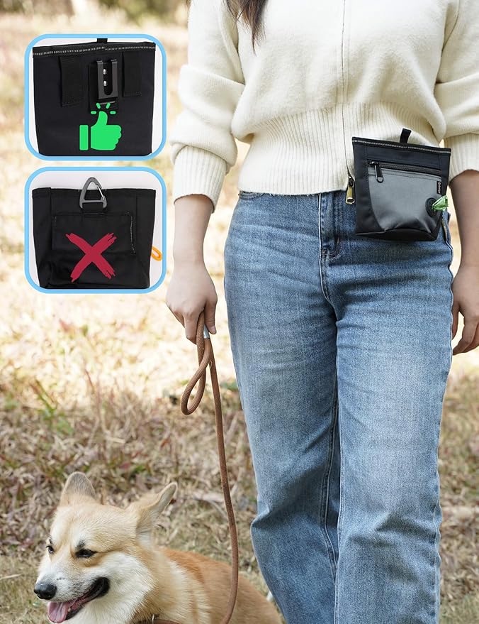 Gobeigo Dog Treat Pouch and Training Clicker, Upgrade Two Magnetic Closure to Prevent Spills, 2 Cup Treat Bag with Poop Bag Dispenser, Metal Clip Waist Belt Fanny Pack for Pet Walk (Black/Gray)