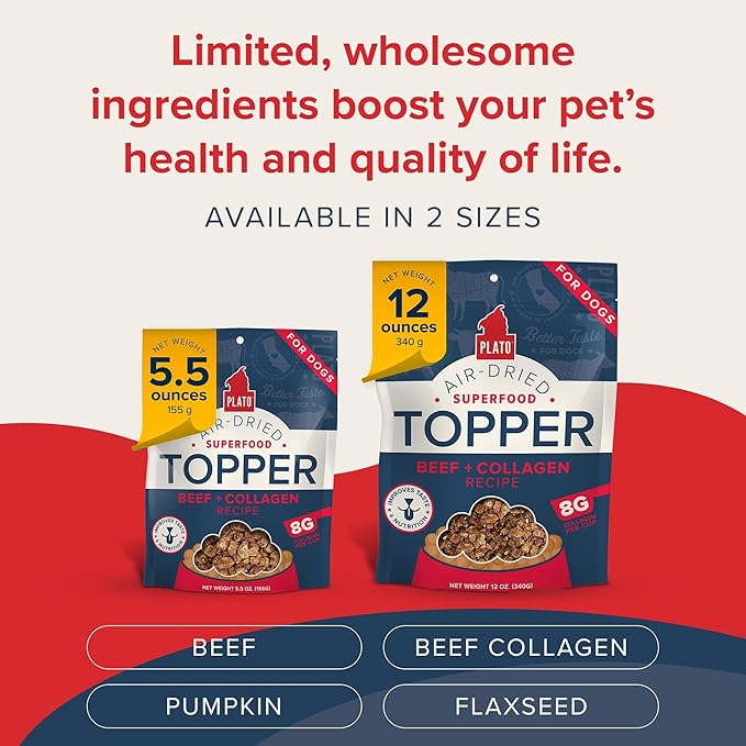 Plato Pet Treats Dog Food Toppers - Air-Dried Dog Food Toppers for Dry Food - with Collagen to Support Skin and Coat Health - Beef and Collagen Recipe 5.5oz