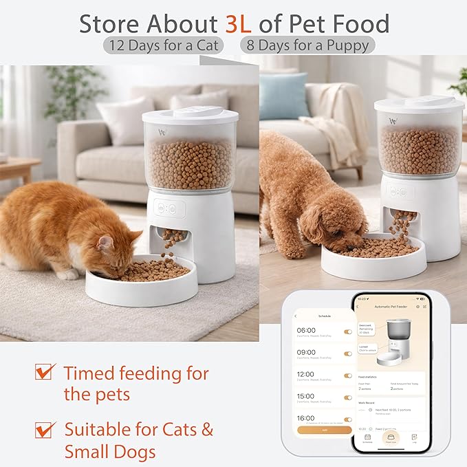 Waithem Wi-Fi Automatic Pet Feeder, Timed Dry Food Dispenser with App Programmable Portion Control, Up to 10 Meals Per Day, Dual Power Supply, for Cats and Small Dogs