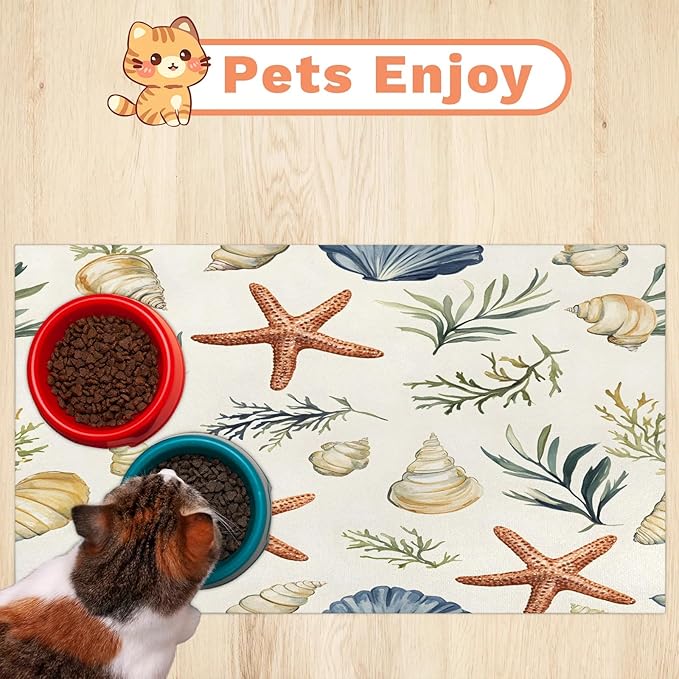 Starfish Seashell Dog Food Mat for Floors Absorbent Dog Bowl Mat for Food and Water Dispenser Quick Dry Cat Food Placemat Pet Supplies 17" x 30", Colorful Corals