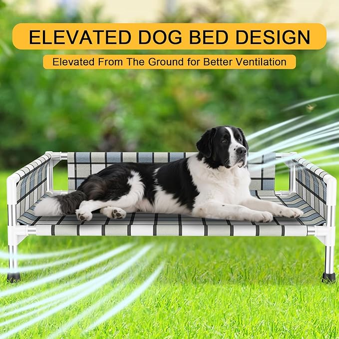 Elevated Raised Outdoor Dog Bed - Cooling Washable Dog Cot with Guardrail, Durable & Breathable Cotton Mesh Pet Hammock Beds with Stainless Steel Pipe Frame for Large Pets (34'' x 26'' x 12'')