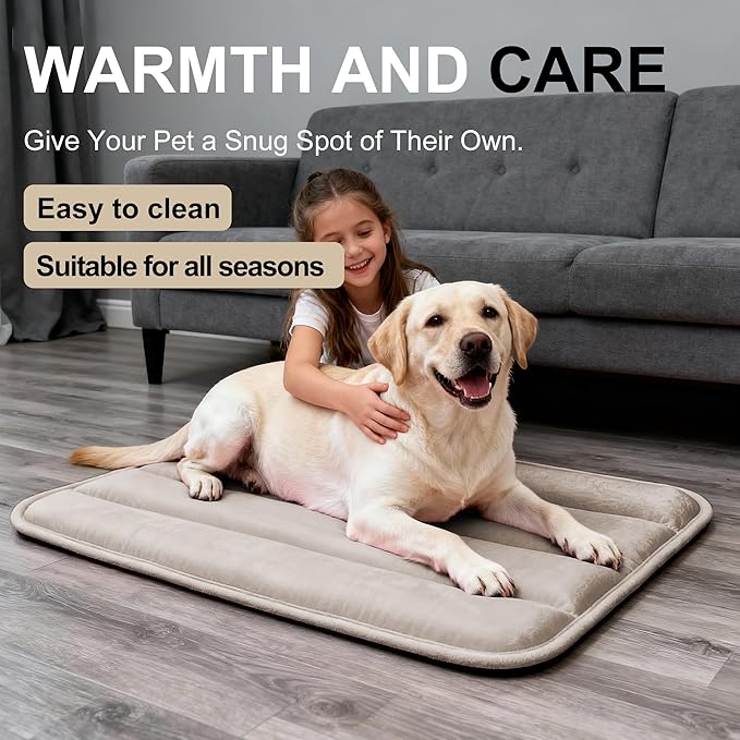 Dog Bed Mat, Reversible Dog Crate Pad with Washable Kennel Mat and Soft Foam, Flat Pet Bed for Dogs & Cats, for Crates Carriers & Travel (Light Brown, 34" L*20" W*1.5" Th)