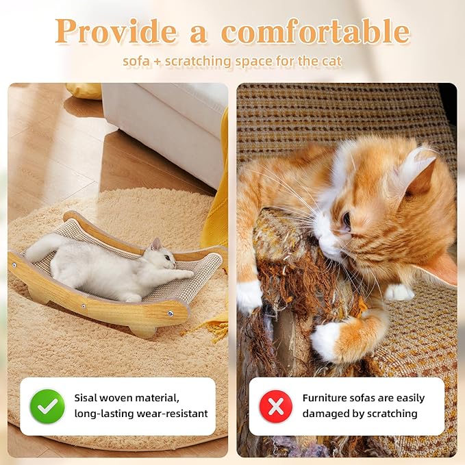 Sisal Cat Scratcher Bed Shaped U, for Indoor Cats, Hammock for Scratching Pad, Large Cat Lounge, Wooden Furniture Protector
