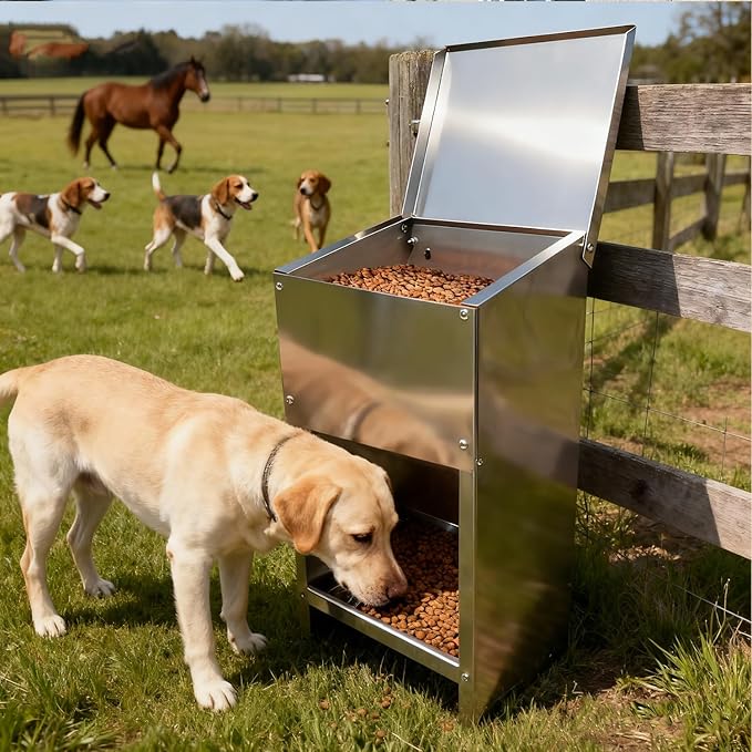 Dog Food Feeder for Kibble - (Stainless Steel Natural Color Anti-Corrosion) - Automatic Food Dispenser Gravity Self Feeding Outdoor for Medium, Large Dog Breedss - 50Lbs New Upgrade