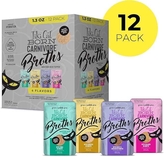 Tiki Cat Born Carnivore Broths Variety Pack, Meaty Bites, Hydration and Flavor Supplement Wet Cat Food Topper, 1.3 oz. Pouch (Pack of 12)