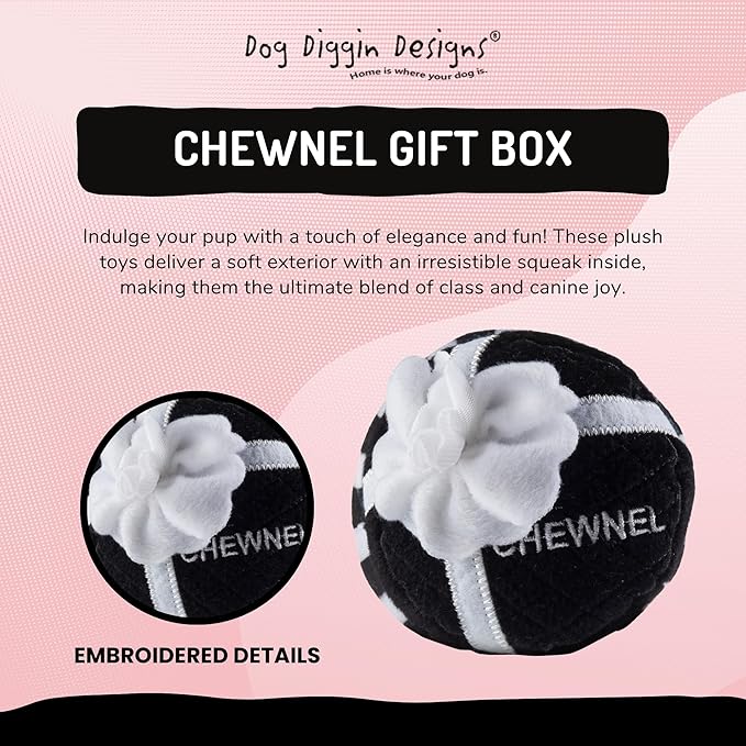 Dog Diggin Designs Chewnel Plush Dog Toy Gift Box | Luxury-Inspired Parody Designer Gift Box with Squeaker, Soft Plush Interactive Dog Toy – Thinking Outside The Box