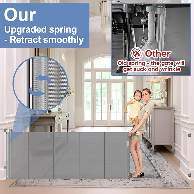 Reinforced 200 Inch Retractable Baby Gate Extra Long Baby Gates for Large Openings Bottom Anti-Crawl 16.7 Ft Outdoor Dog Gates for Doorways Extra Wide Pet Gate Indoor Large Dog Gate Indoor, Gray