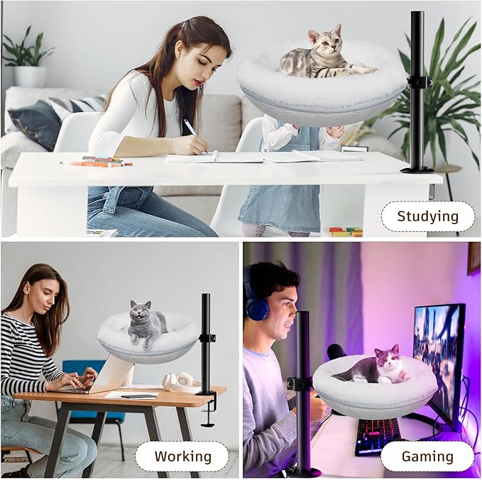 Cat Bed for Desk Removable Cushion Pet Desk Bed for Home Office, Comfortable Cat Perch for Indoor Kitty Max 40 LBS, 360° Rotating & Height Adjustable