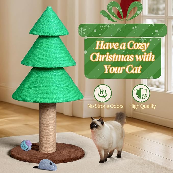 31.5in Christmas Tree Cat Scratcher, Cat Scratching Post Tall Christmas for Adult,Cat Scratching Post for Indoor, Large Sisal Cat Scratching Tree Tower, Green