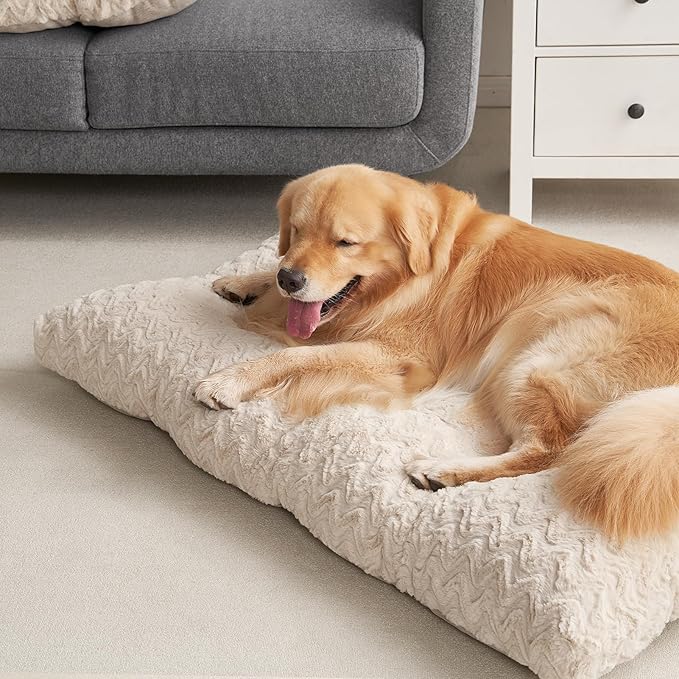 EHEYCIGA Washable XL Dog Bed for Crate 41x27 Inch, Reversible Kennel Pad for Extra Large Dogs Weight Up to 75 lbs, Plush and Comfy Pet Sleeping Mat, Beige