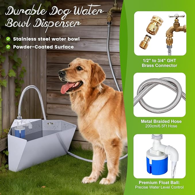Stainless Steel Automatic Dog Water Bowl Dispenser Outdoor Corner Wall Mount, 6L/1.6 Gallon Automatic Waterer Feeder, Self Filling Livestock Water Trough for Large Breed and Chicken