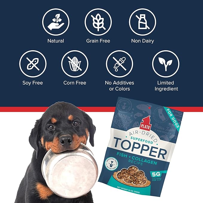 Plato Pet Treats Dog Food Toppers - Air-Dried Dog Food Toppers for Dry Food - with Collagen to Support Skin and Coat Health - Fish and Collagen Recipe 12oz