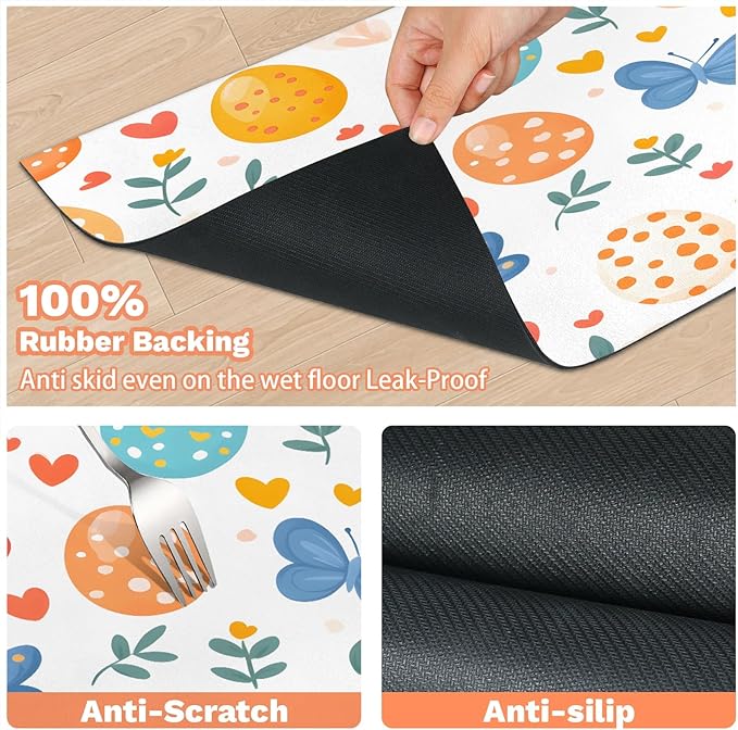 Easter Egg Dog Food Mat for Floors Absorbent Dog Bowl Mat for Food and Water Dispenser Quick Dry Cat Food Placemat Pet Supplies 17" x 30", Butterfly Flower