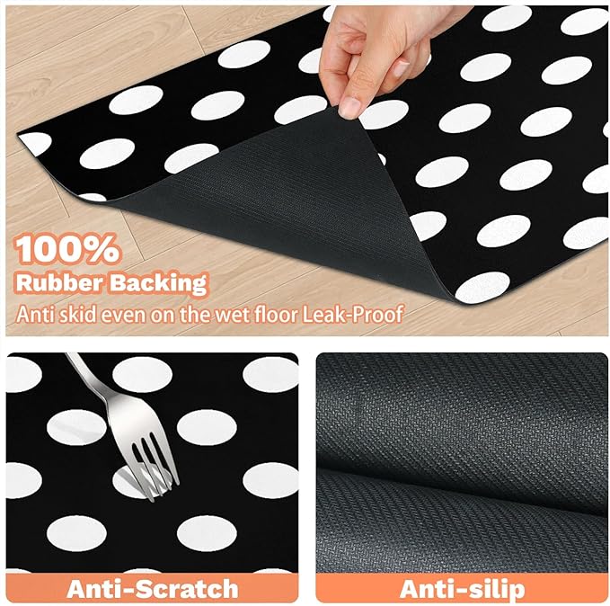Polka Dot Dog Food Mat for Floors Absorbent Dog Bowl Mat for Food and Water Dispenser Quick Dry Cat Food Placemat Pet Supplies 16" x 24", Vintage Black White