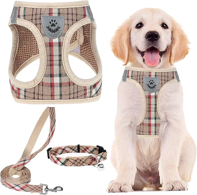 PUPTECK Adjustable Dog Harness Collar and Leash Set Step in No Pull Pet Harness for Small Medium Dogs Puppy and Cats Outdoor Walking Running, Soft Mesh Padded Reflective Vest Harnesses, Khaki XXS