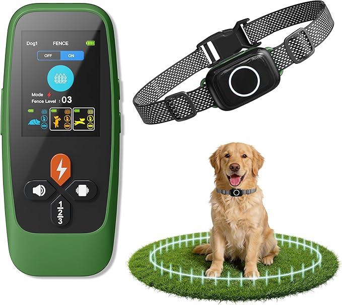 4-in-1 Wireless Dog Fence System Electric Dog Fence with Training Collar & Anti-Bark Collar, Real-Time Pet Status Display, Portable Waterproof Outdoor Pet Containment System