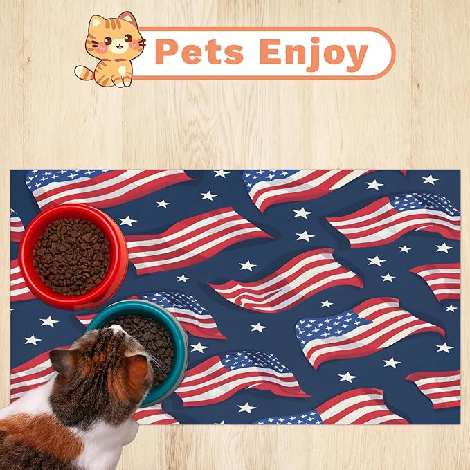 American Flag Dog Food Mat for Floors Absorbent Dog Bowl Mat for Food and Water Dispenser Quick Dry Cat Food Placemat Pet Supplies 12" x 20", Stars Stripes