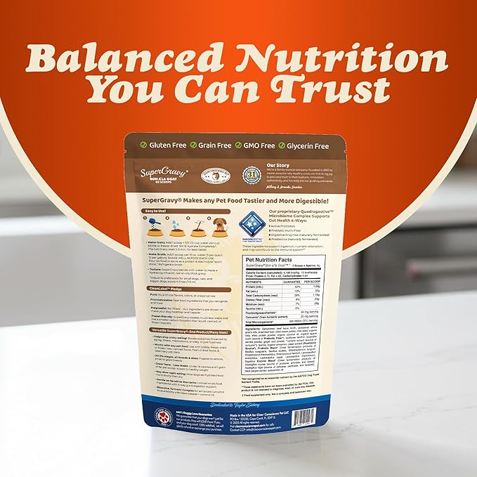 CLEAR CONSCIENCE PET® Bon A' La Goat™ SuperGravy® Natural Dog Food Gravy Topper, Hydration Broth Mix, Gluten and Grain Free Kibble Seasoning Powder Topper for Picky Eaters (9 oz. (60 Scoop))