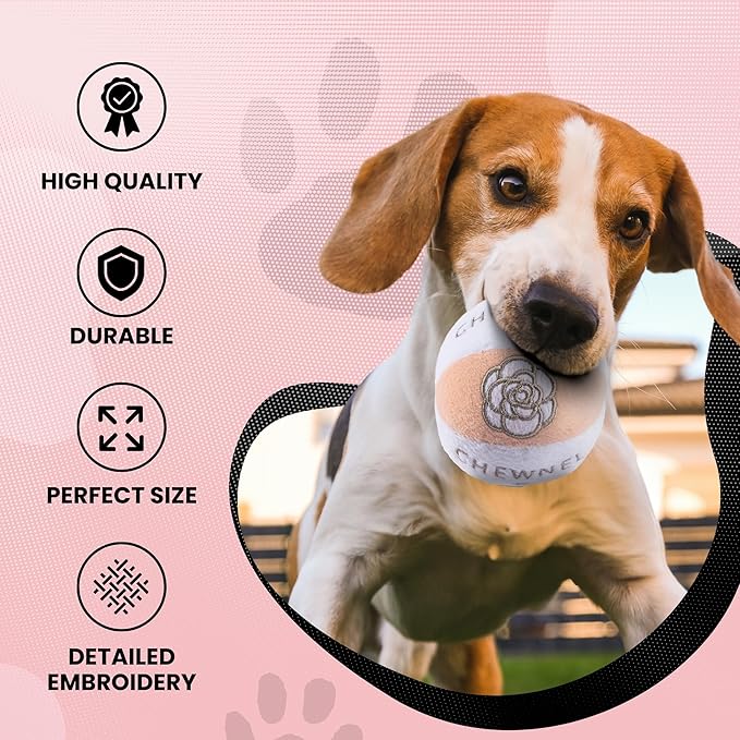 Dog Diggin Designs Chewnel Blush Plush Squeaky Dog Toy Ball | Luxury-Inspired Parody Designer Ball with Squeaker, Soft Plush Fetch Dog Toy – Prêt-à-Porter Play!