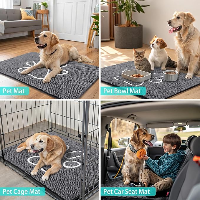 Smiry Dog Door Mat for Muddy Paws, Absorbent Dirt Trapper Non Slip Quick Dry Washable Chenille Mat for Mud Dogs, Entry Rug for Indoor and Outdoor (44x24 Inches, Dark Grey and White)