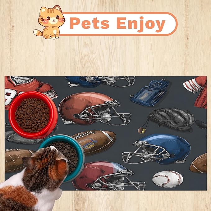 Football Baseball Dog Food Mat for Floors Absorbent, Quick Dry Water Dispenser Mat for Food, Water, Pet Supplies 24" x 32", Sports Theme