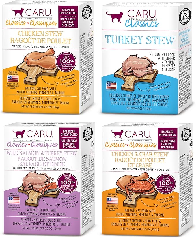 Caru - Classics Salmon & Turkey, Chicken & Crab, Turkey, & Chicken for Cats - Healthy Functional Wet Cat Food or Food Topper - 5.5 oz Cartons - Variety Case of 12