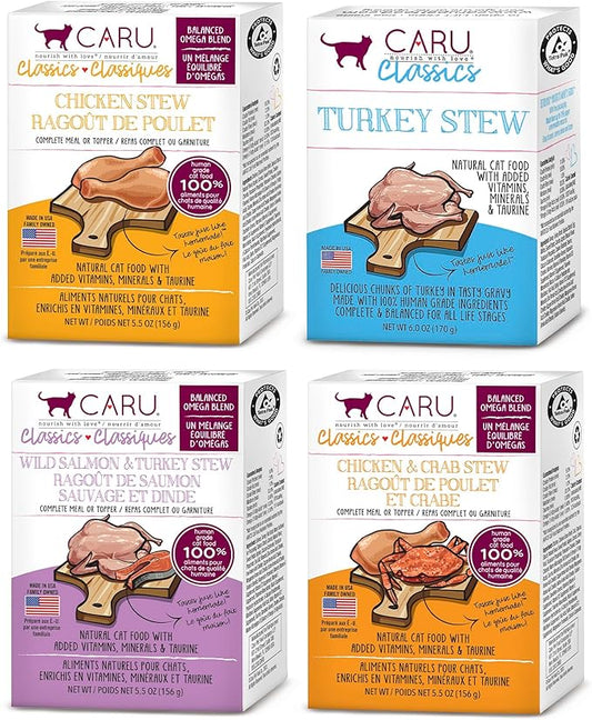 Caru - Classics Salmon & Turkey, Chicken & Crab, Turkey, & Chicken for Cats - Healthy Functional Wet Cat Food or Food Topper - 5.5 oz Cartons - Variety Case of 12