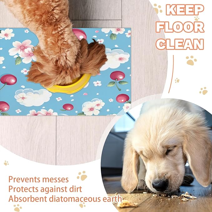 Pink Cherry Dog Food Mat for Floors Absorbent Dog Bowl Mat for Food and Water Dispenser Quick Dry Cat Food Placemat Pet Supplies 12" x 20", Bowknot Cloud