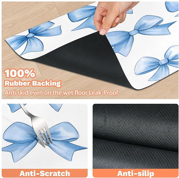Blue Bowk Dog Food Mat for Floors Absorbent, Quick Dry Water Dispenser Mat for Food, Water, Pet Supplies 12" x 20", Cute Bowknot