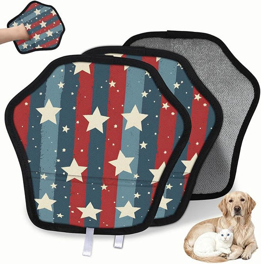 Stars Stripes Theme Electrostatic Pet Hair Removal Glove for Cats & Dogs - Reusable Grooming Mitt for Couch, Carpet, Car Seat & Laundry - Large 9x9 Inch