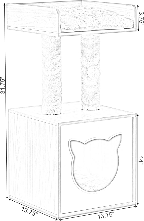 Cat Tree Play House Condo Cube Cave, Platform, Scratcher Post and Ball Toy