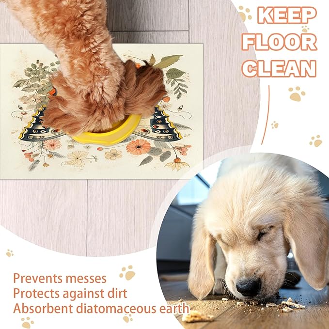 Boho Butterfly Dog Food Mat for Floors Absorbent, Quick Dry Water Dispenser Mat for Food, Water, Pet Supplies 12" x 20", Watercolor Floral