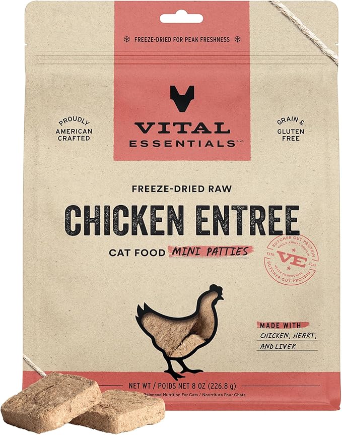 Vital Essentials Freeze Dried Cat Food, Raw Chicken Mini Patties | Complete Meal or Topper | Easy to Portion and Rehydrate | High Protein, Grain Free Dry Cat Food | 8 oz Bag