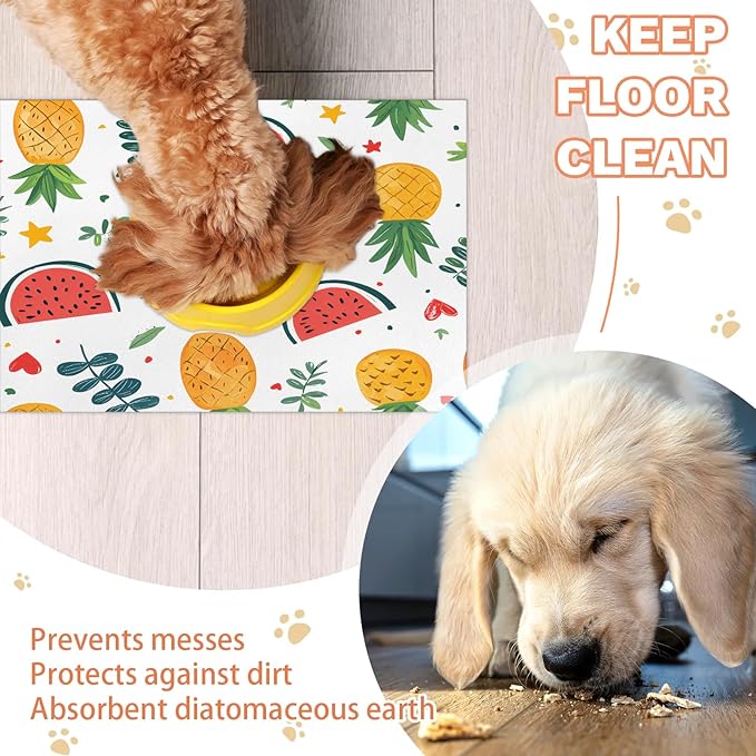 Watermelon Fruit Dog Food Mat for Floors Absorbent Dog Bowl Mat for Food and Water Dispenser Quick Dry Cat Food Placemat Pet Supplies 17" x 30", Pineapple