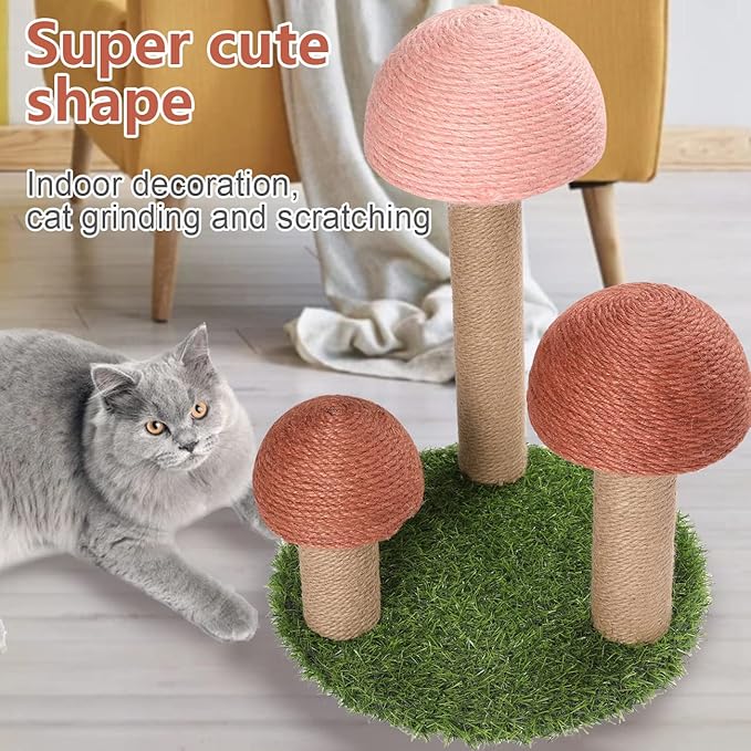 PowerKing Cat Scratching Post, Mushroom Claw Scratching Post for Cat, Natural Sisal Cat Scratchers with 3 Mushroom Pole, Cat Interactive Toys