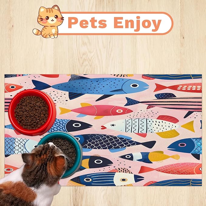 Watercolor Fish Dog Food Mat for Floors Absorbent Dog Bowl Mat for Food and Water Dispenser Quick Dry Cat Food Placemat Pet Supplies 24" x 32", Ocean