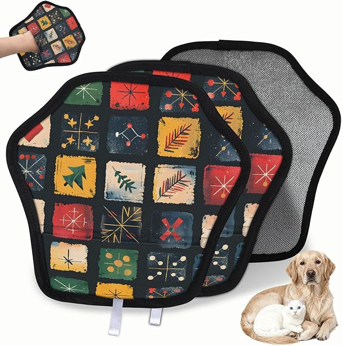 Creative Square Pattern Electrostatic Pet Hair Removal Glove for Cats & Dogs - Reusable Grooming Mitt for Couch, Carpet, Car Seat & Laundry - Large 9x9 Inch