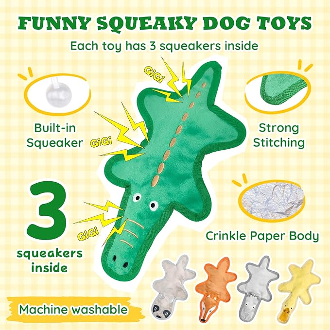 No Stuffing Dog Squeaky Toys, 1 PCS Tough Durable Plush Chew Toy for Boredom and Teething, Interactive Dog Toys for Small Medium Large Dogs to Keep Them Busy (Crocodile)