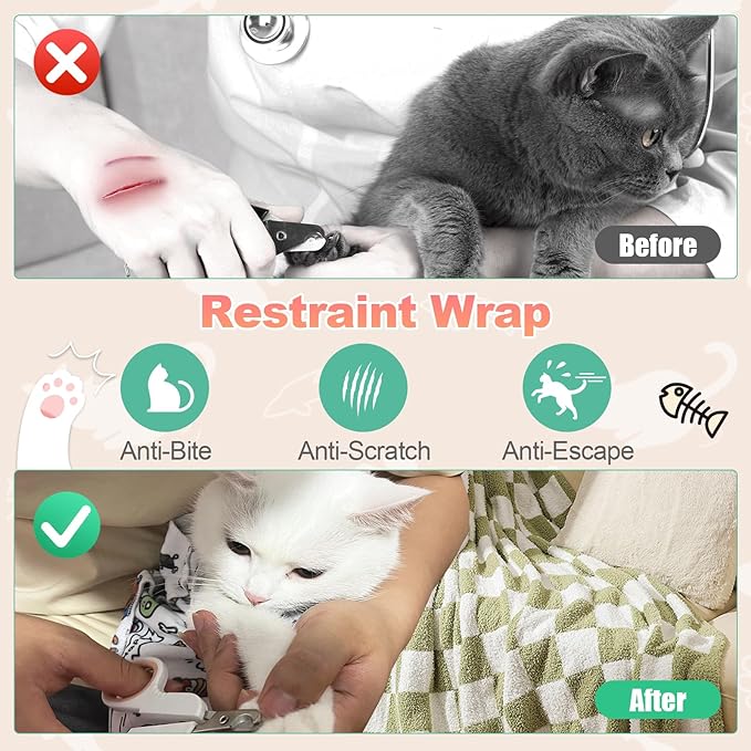 Cat Grooming Wrap, Self-Adherent Calming Cat Swaddle Wrap, Cat Wrap for Grooming, Nail Clipping, Anti-Scratch, Anti-Escape (21.7x21.7in)