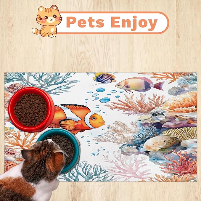 Colorful Fish Dog Food Mat for Floors Absorbent Dog Bowl Mat for Food and Water Dispenser Quick Dry Cat Food Placemat Pet Supplies 16" x 24", Ocean Underwater World