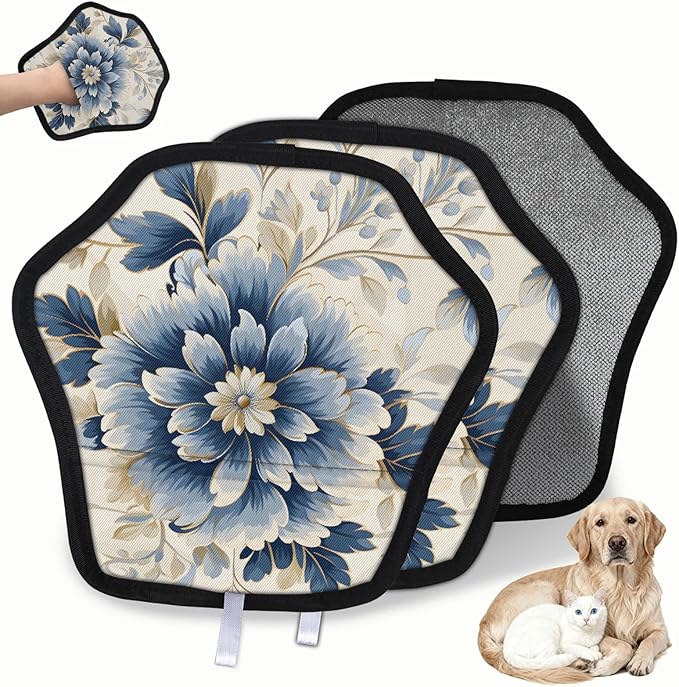 Reusable Pet Hair Removal Glove Elegant Flower Magic Brush for Cat & Dog Hair Remover for Car, Sofa, Bedding, Clothes - 9x9 Mitt Washable