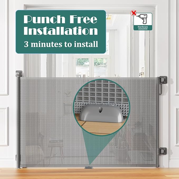 Retractable Baby Gates No Drilling | 54" Wide x 34" Tall Dog Gates for Stairs | Indoor/Outdoor Use | Child Gates for Doorways, Deck, Porch, Hallways, Patio - Gray